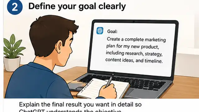Person giving ChatGPT Work a clear final goal for a multi-step report.