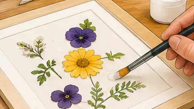 Person gluing a pressed flower onto cardstock and placing the finished botanical art in a frame.