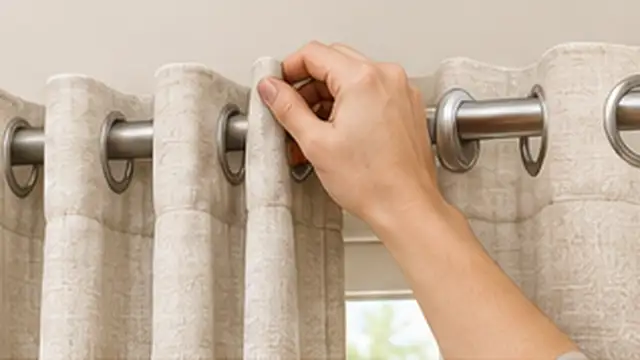 Person hanging lightweight curtains and spreading the fabric evenly across a no-drill rod.