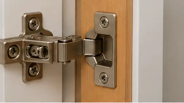 Person inspecting a cabinet hinge and door edge for damage after adjustment did not work.