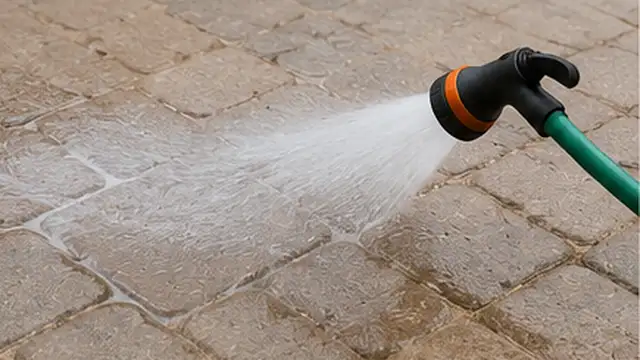 Person inspecting a damp low area between pavers where debris and water collect.