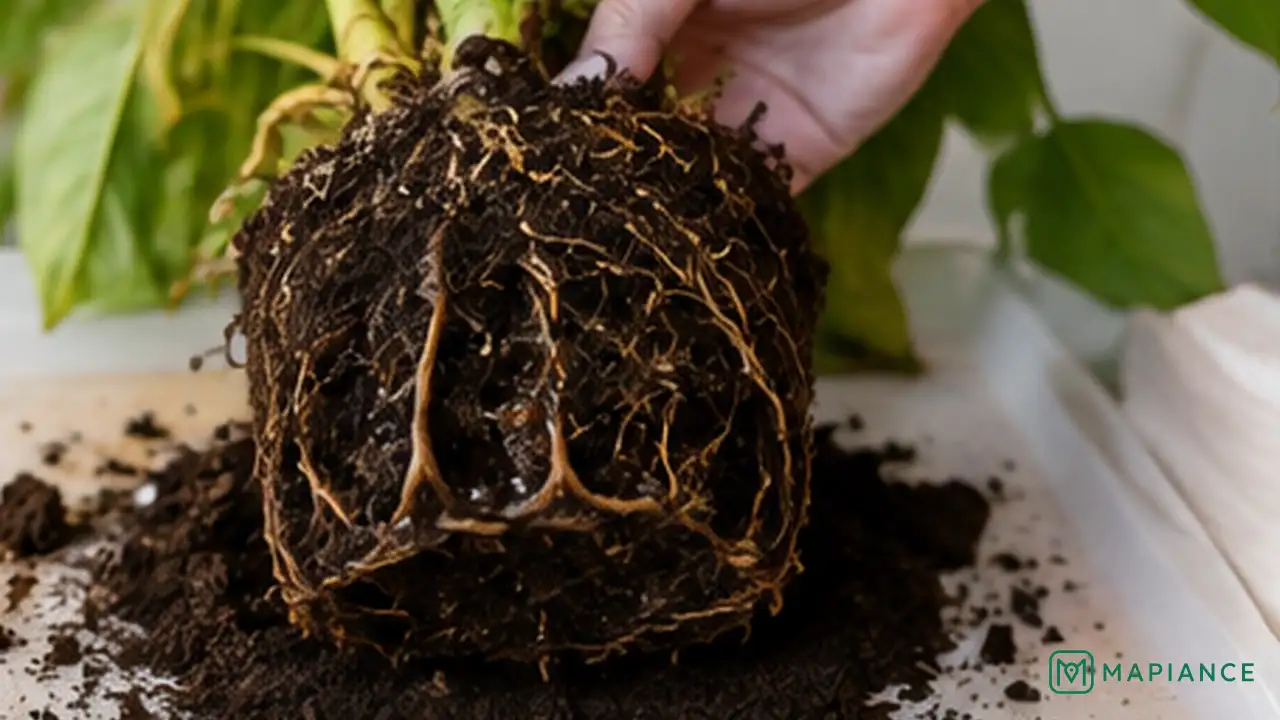 Person inspecting a houseplant root ball for soft dark roots that may indicate root rot.