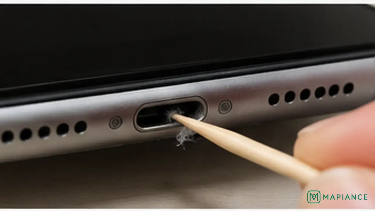 Person inspecting a phone charging port and gently removing visible lint with a soft dry brush.