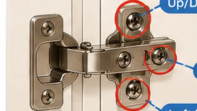 Person inspecting the mounting screws on concealed hinges inside an open cabinet door.