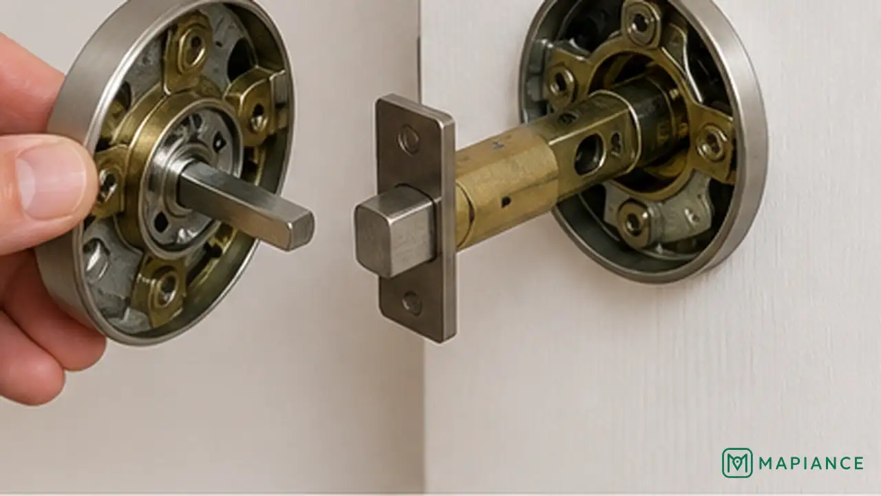 Person inspecting the spindle and internal parts of a loose door handle for wear.