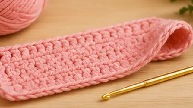 Person inspecting where a crochet swatch begins to curl while it lies on a flat table.