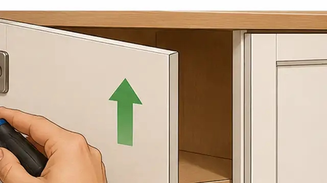 Person lifting a cabinet door slightly upward and tightening the concealed hinges in the new position.