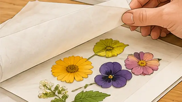 Person lifting fully dried pressed flowers from absorbent paper with tweezers.