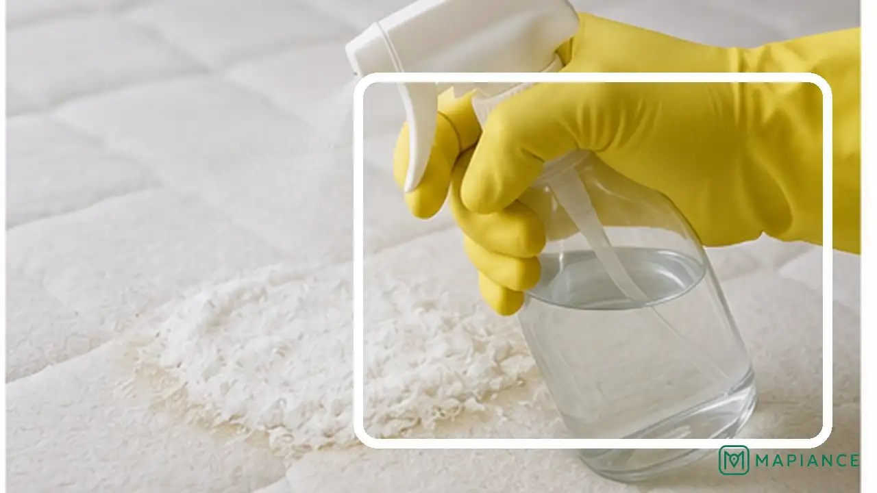 Person lightly applying a mattress-safe enzyme cleaner over a urine stain without soaking the mattress.
