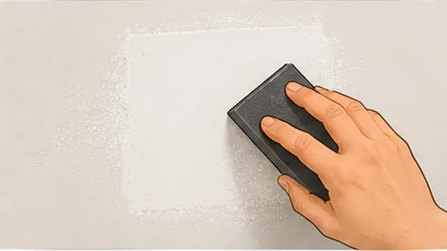 Person lightly sanding a dry drywall patch smooth with a fine sanding sponge.