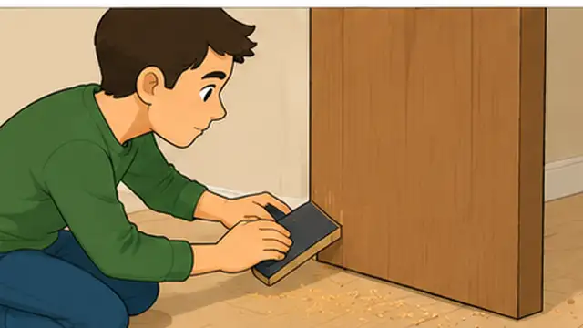 Person lightly sanding a marked high spot on a wooden door edge with a flat sanding block.