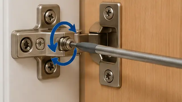 Person making a small alignment adjustment to a concealed cabinet hinge with a screwdriver.