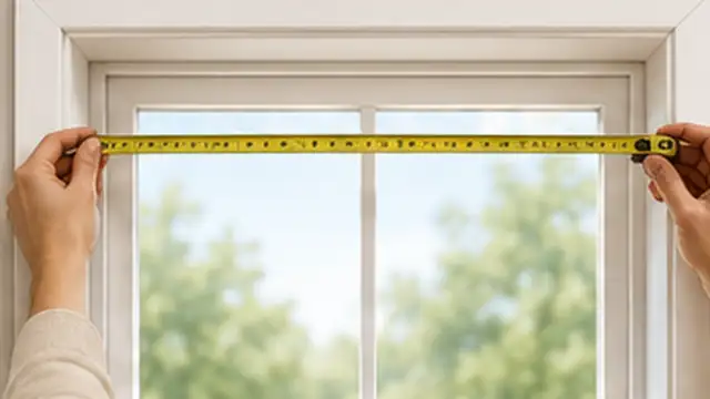 Person measuring a window before installing a no-drill curtain rod.