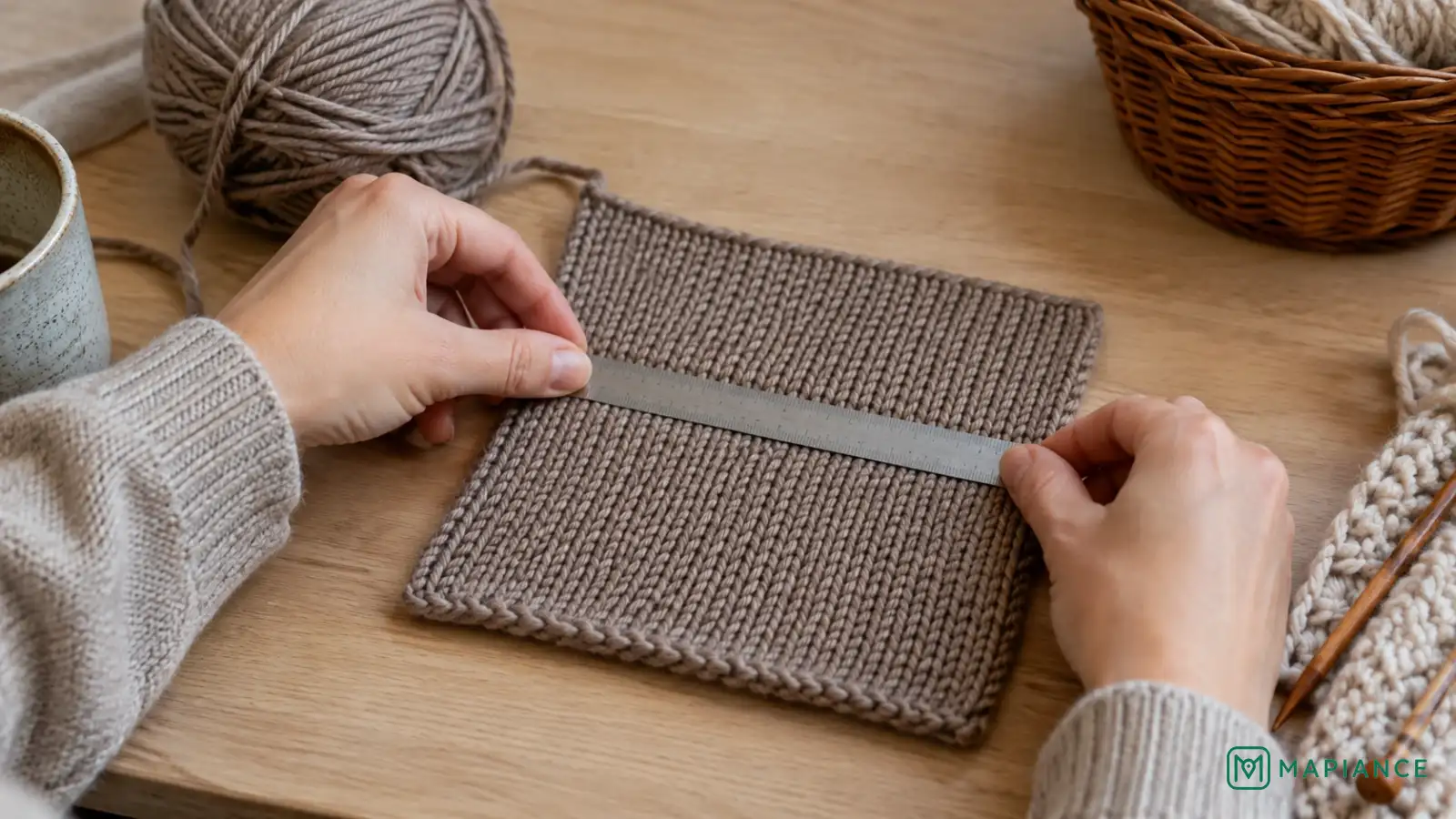 Person measuring the stitch gauge of a tight knitted swatch.