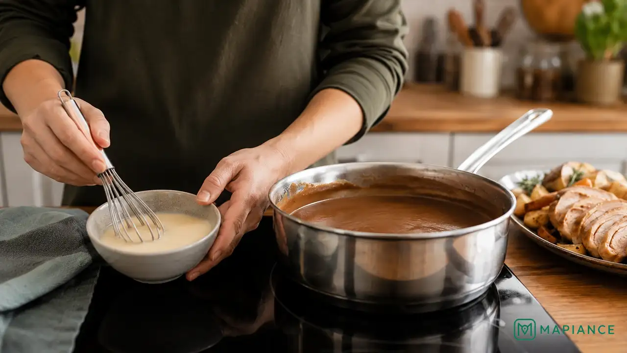 Person mixing a smooth cornstarch slurry in a small bowl beside a pan of gravy.
