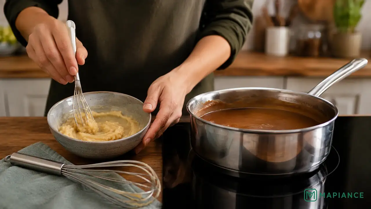 Person mixing soft butter and flour into a smooth paste for thickening gravy.