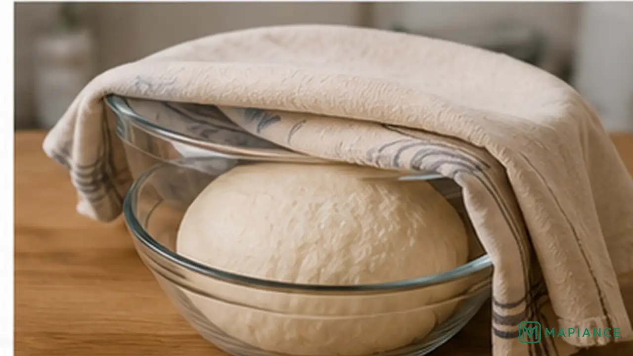 Person moving covered bread dough to a gently warm draft-free place to encourage rising.