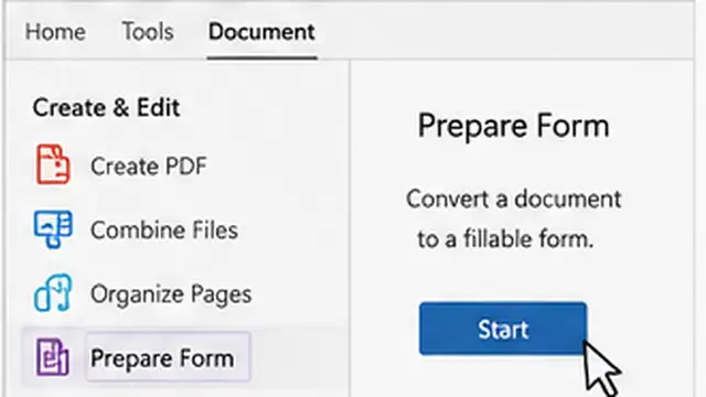 Person opening the Prepare a form workspace and detecting fields in a PDF.