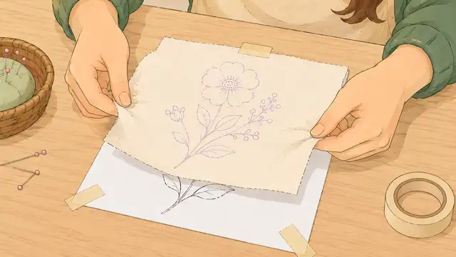 Person placing water-soluble stabilizer with an embroidery design on top of dark fabric.