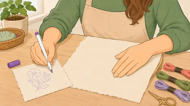 Person pressing embroidery fabric flat and testing a removable marking tool on a small fabric scrap.