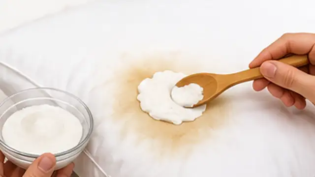 Person pretreating yellow pillow stains with liquid laundry detergent and a soft cloth.