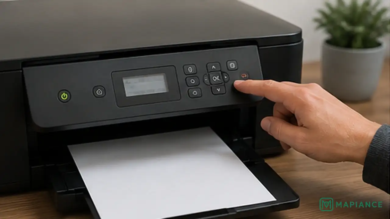 Person printing an internal test page from a home printer control panel.