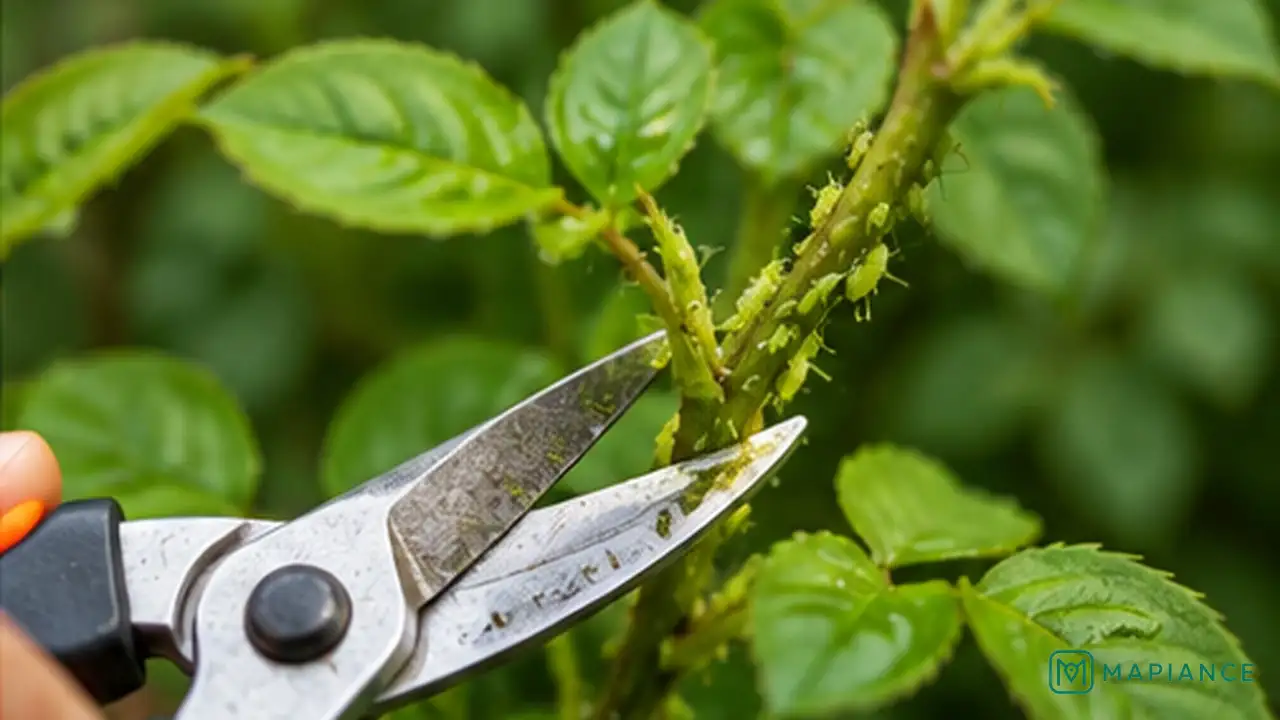 Person pruning a heavily aphid-infested shoot from an otherwise healthy plant.