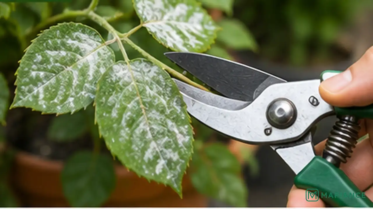 Person pruning a heavily infected powdery mildew leaf from a plant.