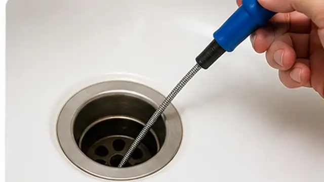 Person pulling trapped hair and debris from a drain with a flexible drain-cleaning tool.