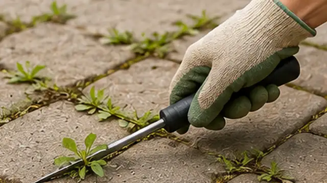 Person pulling weeds and loosening roots from narrow joints between patio pavers.
