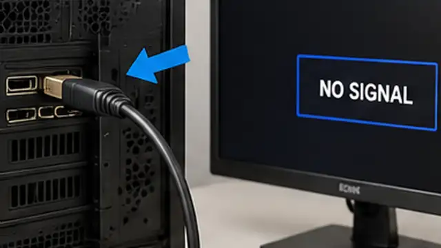 Person reconnecting a video cable firmly between a monitor and computer while bypassing an adapter.