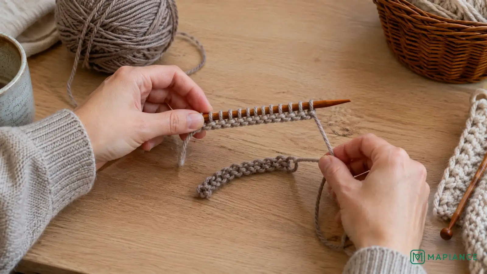 Person redoing a tight knitting cast-on with looser loops on a larger needle.