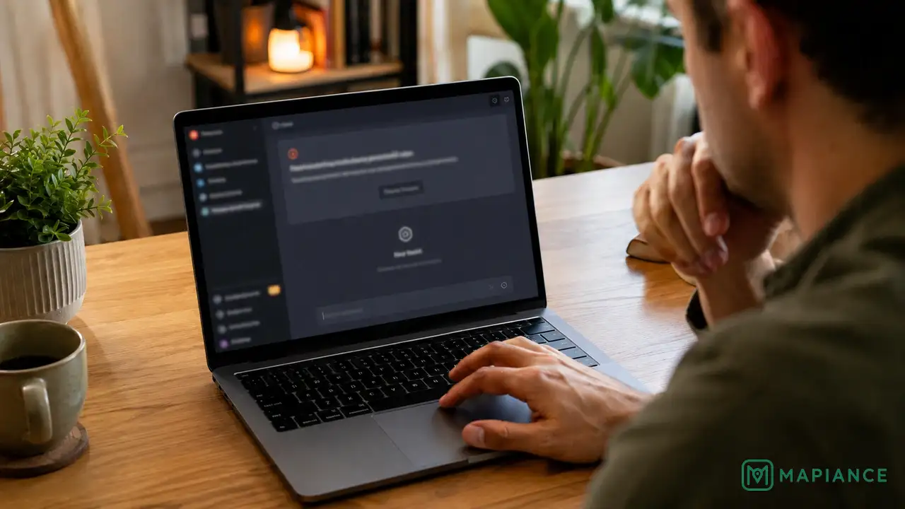 Person refreshing ChatGPT on a laptop after a generic error appears.