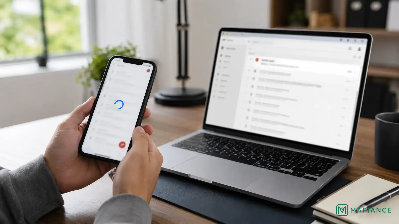 Person refreshing the Gmail app while checking email sync on a phone.