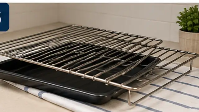Person reinstalling clean dry oven racks after wiping and drying the oven interior.