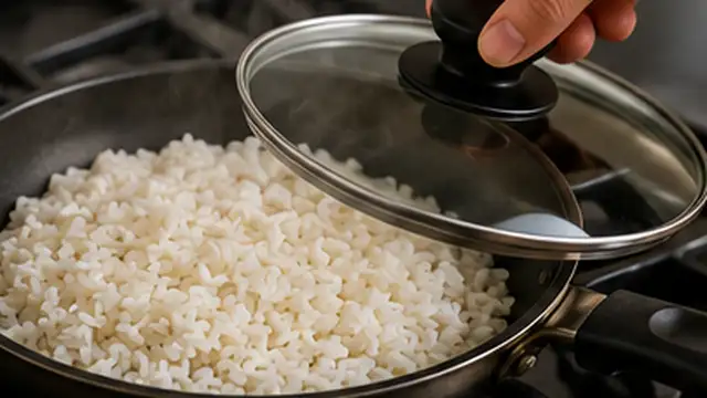 Person removing a pot of mushy rice from the heat and taking off the lid.