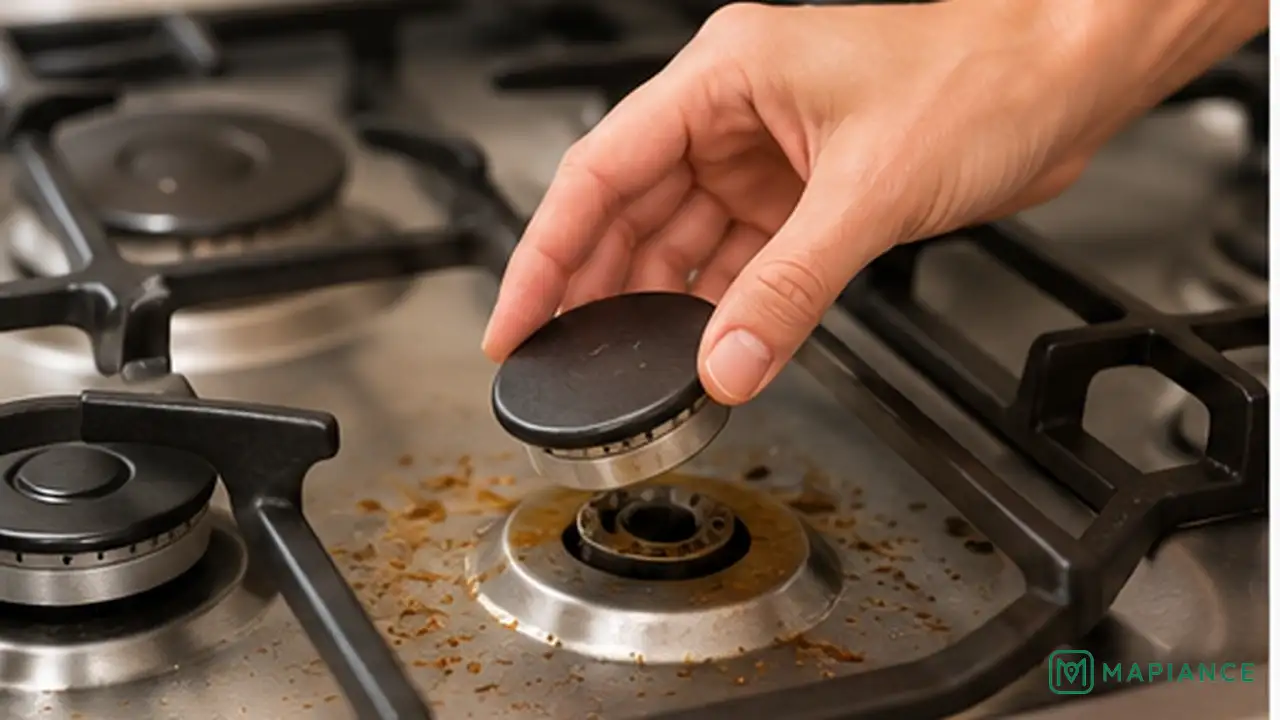 Person removing cool burner grates and caps before cleaning the stovetop.