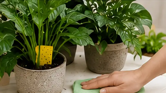 Person removing damp plant debris and checking drainage around a houseplant pot.