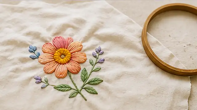 Person removing puckered hand embroidery from a hoop and laying the fabric flat for inspection.