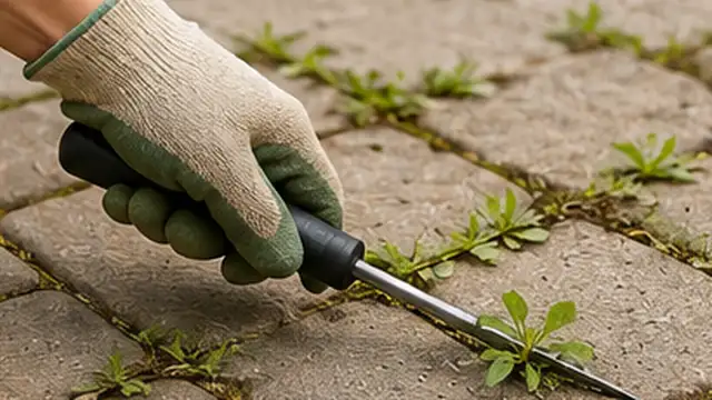 Person removing small new weed seedlings from paver joints and sweeping the patio clean.