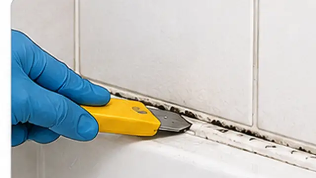 Person removing stained damaged shower caulk before replacing it with a fresh bead.