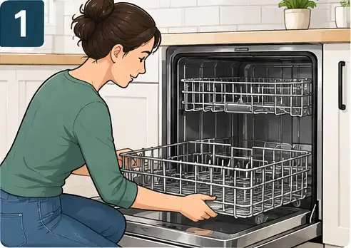 Person removing the lower dishwasher rack and clearing visible debris from the bottom of the tub.
