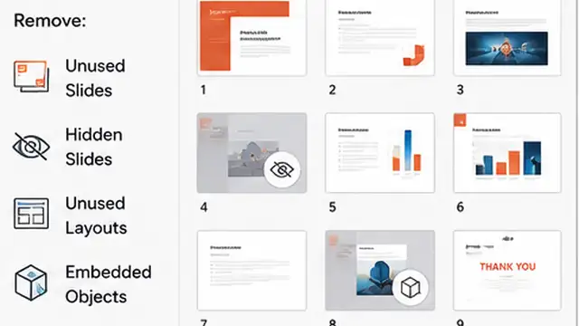 Person removing unnecessary large media and duplicate content from a PowerPoint presentation.