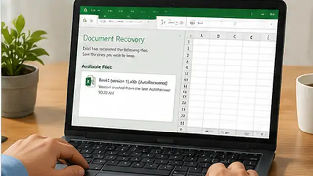 Person reopening Excel and checking a recovered workbook after an unexpected shutdown.
