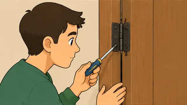 Person replacing a loose frame-side hinge screw with a longer screw to secure the hinge.