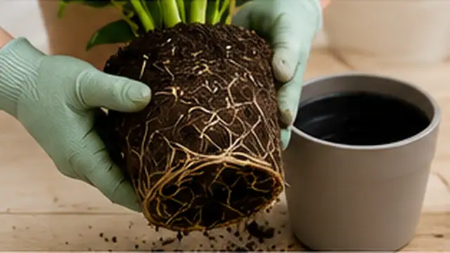 Person repotting an infested houseplant into fresh sterile potting mix in a clean draining pot.