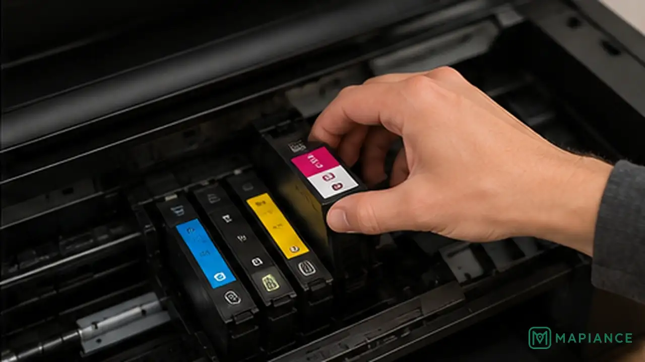 Person reseating an ink cartridge securely inside a home printer.