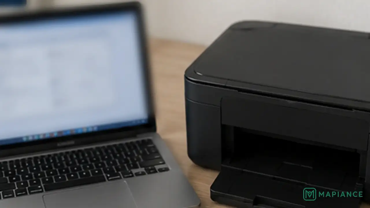 Person restarting a home printer and re-adding it on a laptop.