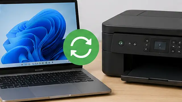 Person restarting a printer and laptop to refresh the printer connection.