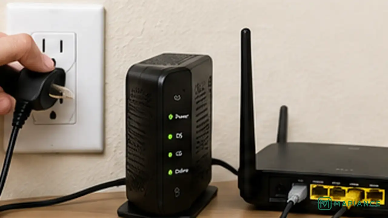 Person restarting the modem first and the Wi-Fi router second to restore the internet connection.